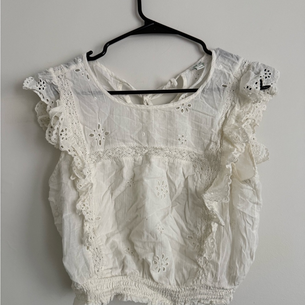 Aerie Cream Ruffled Smocked Bib Collar Blouse